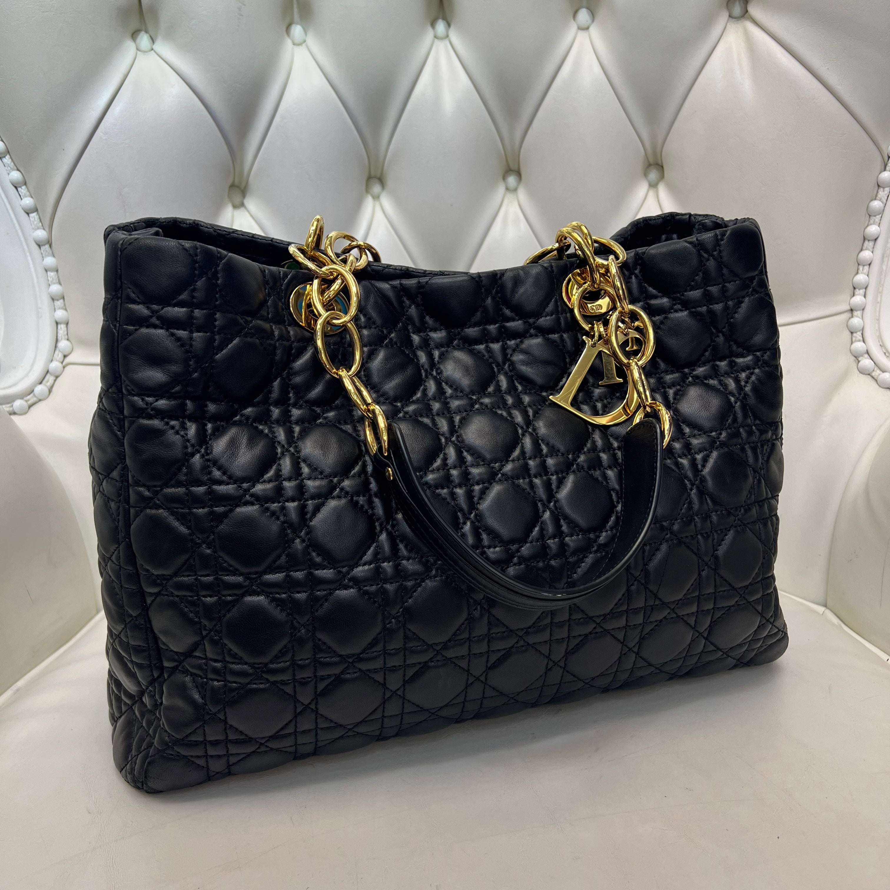 Christian Dior Black Cannage Quilted Lambskin Leather Soft Medium Zipped Shopping Tote Bag